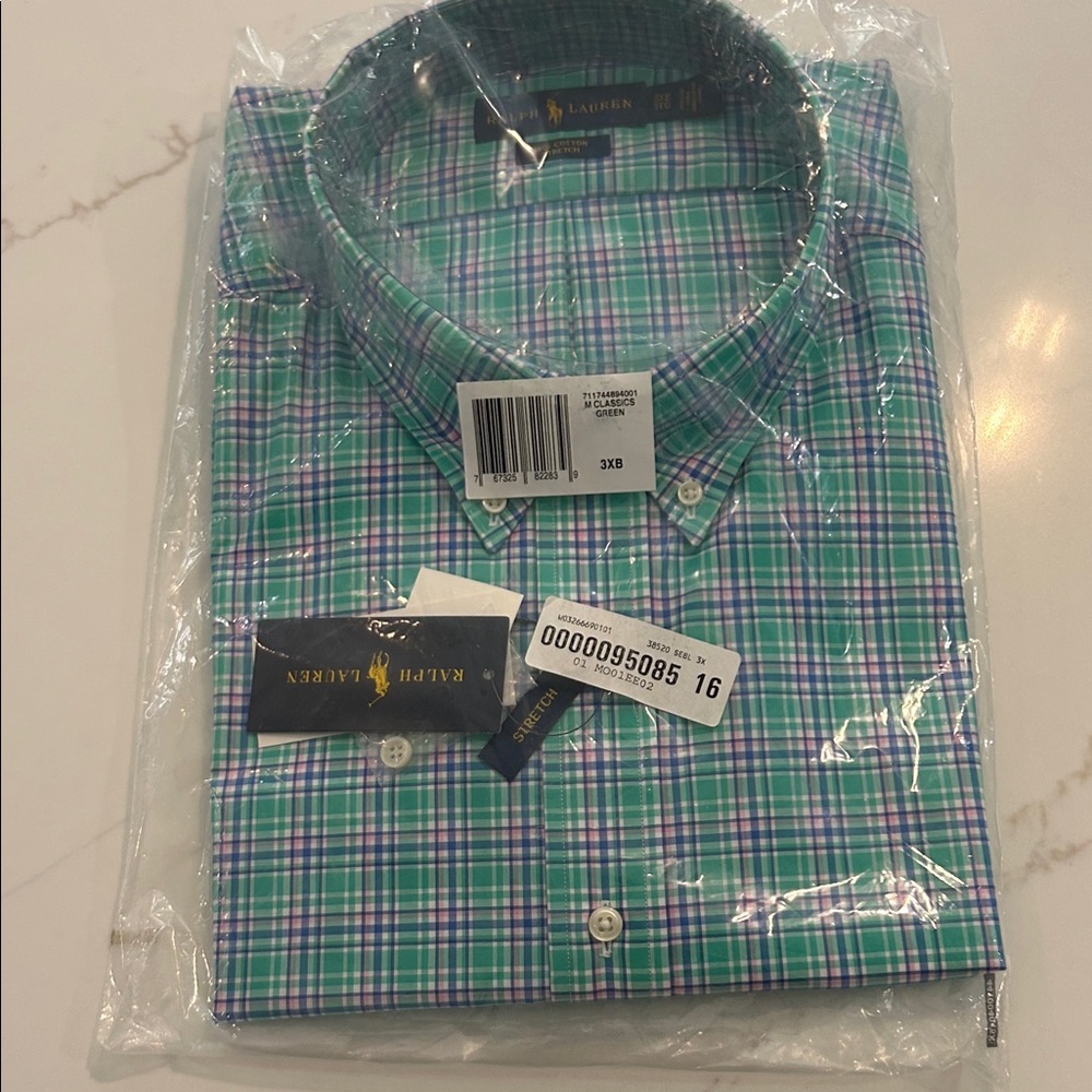Ralph Lauren Men's Blue and Green Plaid Button Down Shirt
